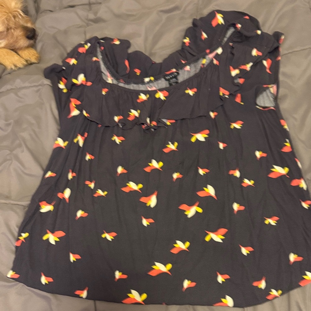 Torrid Black Top with Red and Yellow Floral Design; open in the back